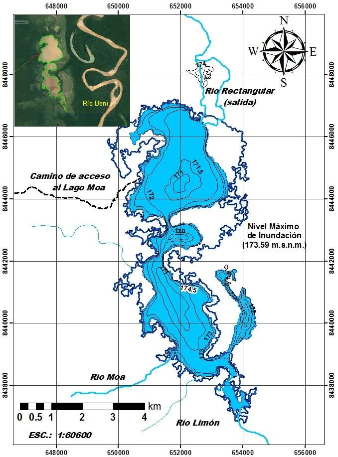 Batimetría y vista satelital del Lago Moa